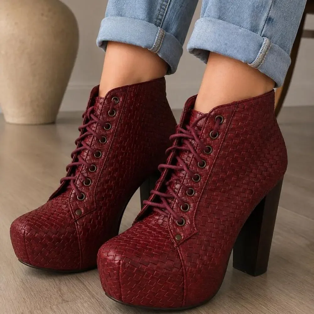 Vintage red woven platform boots